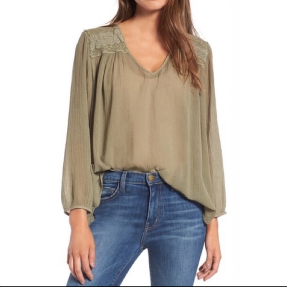 Current/Elliott The Picnic Shirt Embroidered Shoulder Cotton Dusty Green Sz 3 L